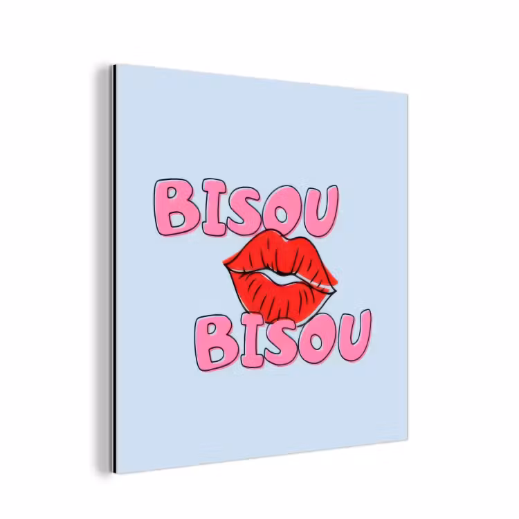 Aluminium schilderij - Bisou - Blauw - Roze - Lippen — 1
