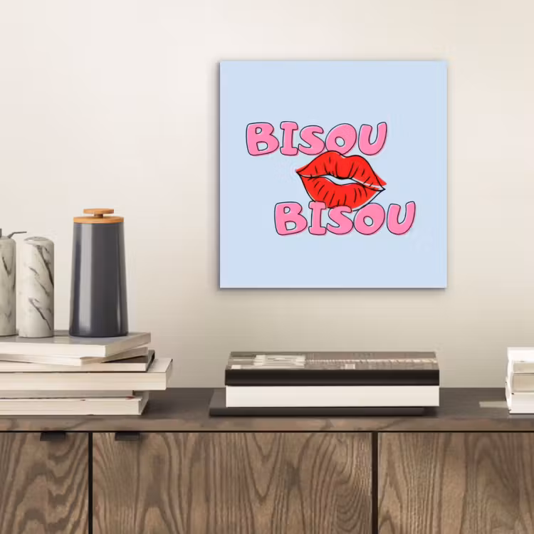 Aluminium schilderij - Bisou - Blauw - Roze - Lippen — 2