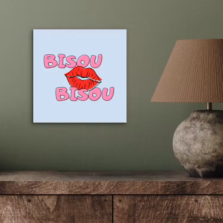 Aluminium schilderij - Bisou - Blauw - Roze - Lippen — 3