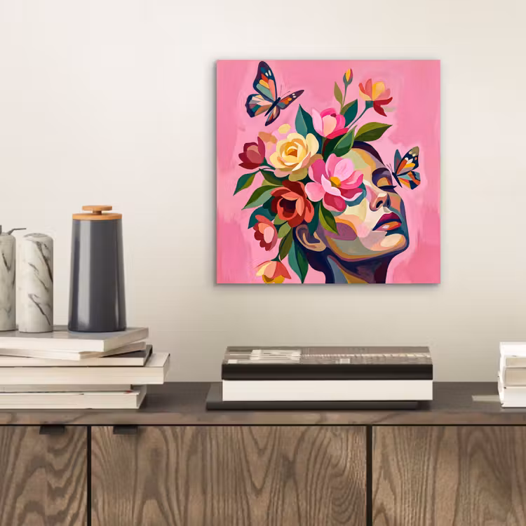 Aluminium schilderij - Vrouwengezicht - Vlinders - Kleurrijk — 2