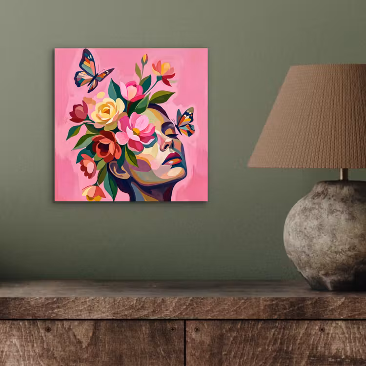 Aluminium schilderij - Vrouwengezicht - Vlinders - Kleurrijk — 3
