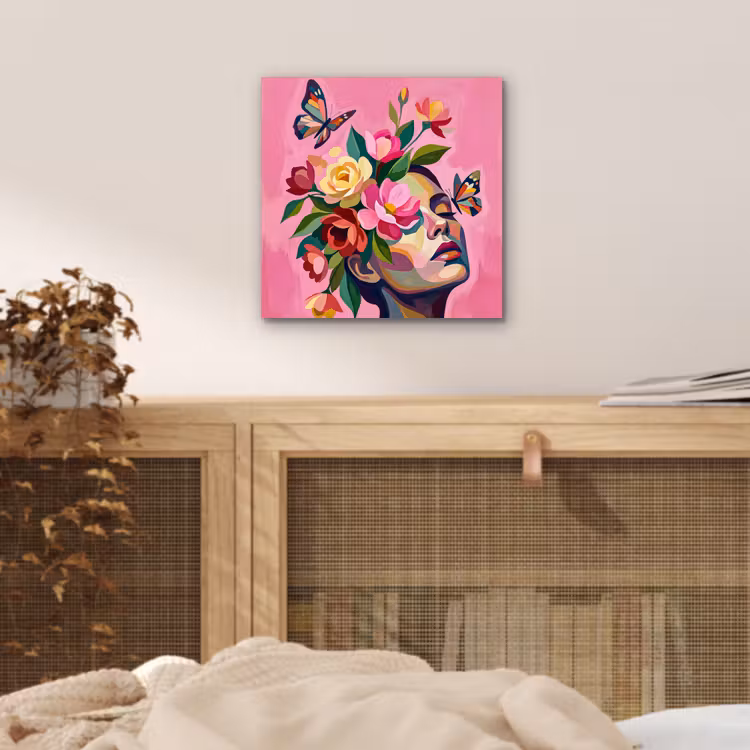 Aluminium schilderij - Vrouwengezicht - Vlinders - Kleurrijk — 4