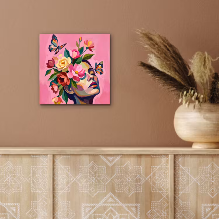 Aluminium schilderij - Vrouwengezicht - Vlinders - Kleurrijk — 5