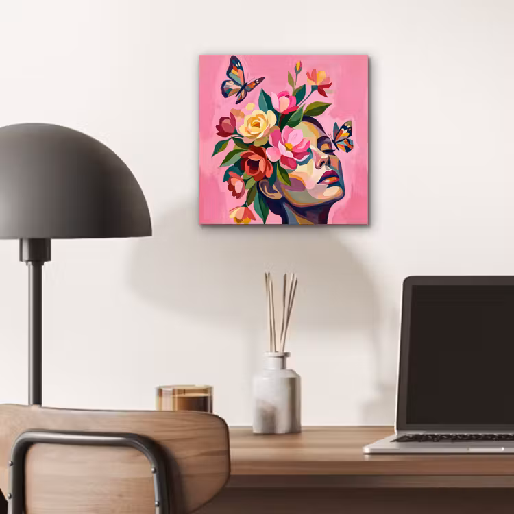 Aluminium schilderij - Vrouwengezicht - Vlinders - Kleurrijk — 6
