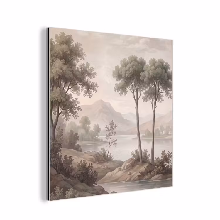 Aluminium schilderij - Bomen - Meer - Bergen - Illustratie — 1