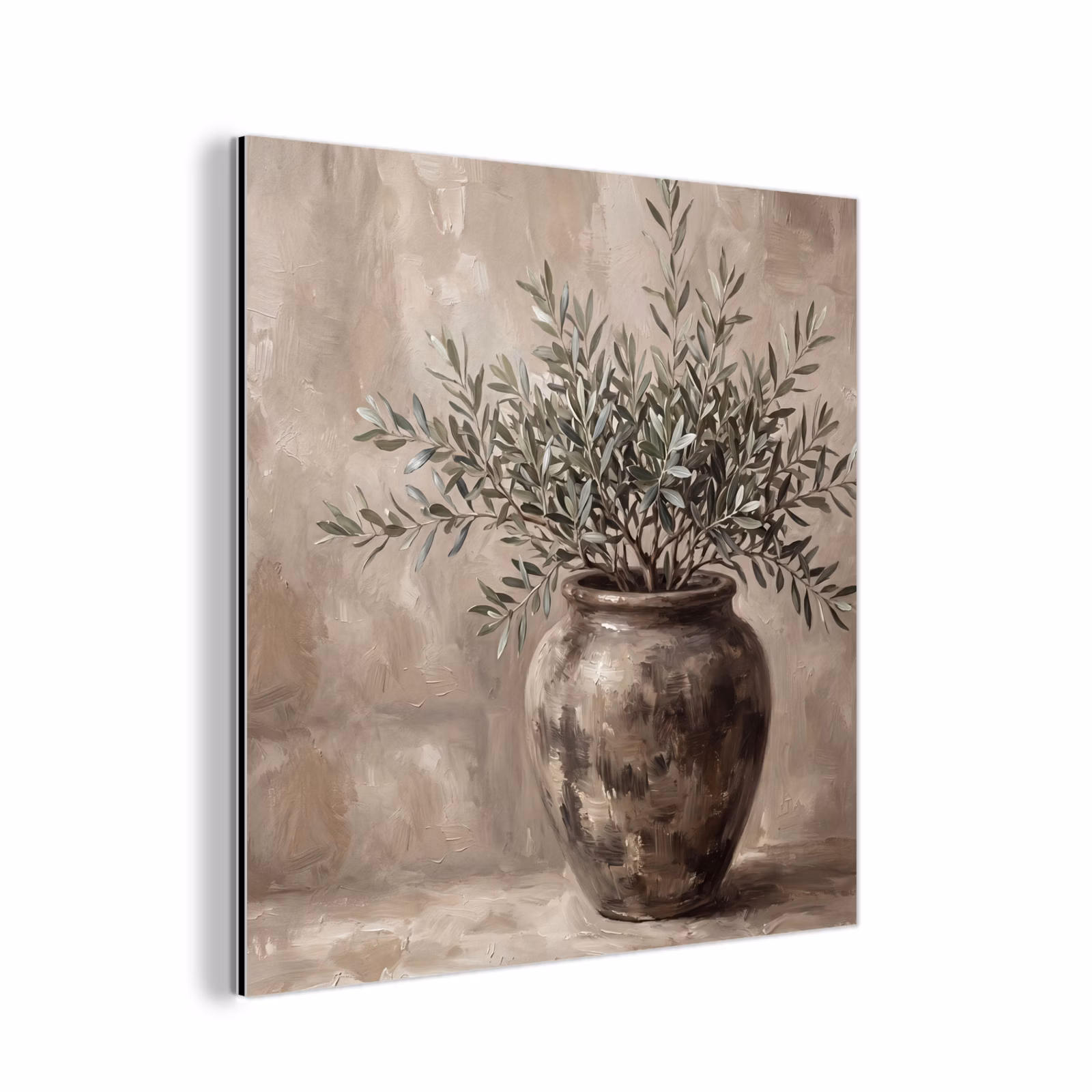 Aluminium schilderij - Olijfplant - Aardenpot - Abstract - Beige — 1