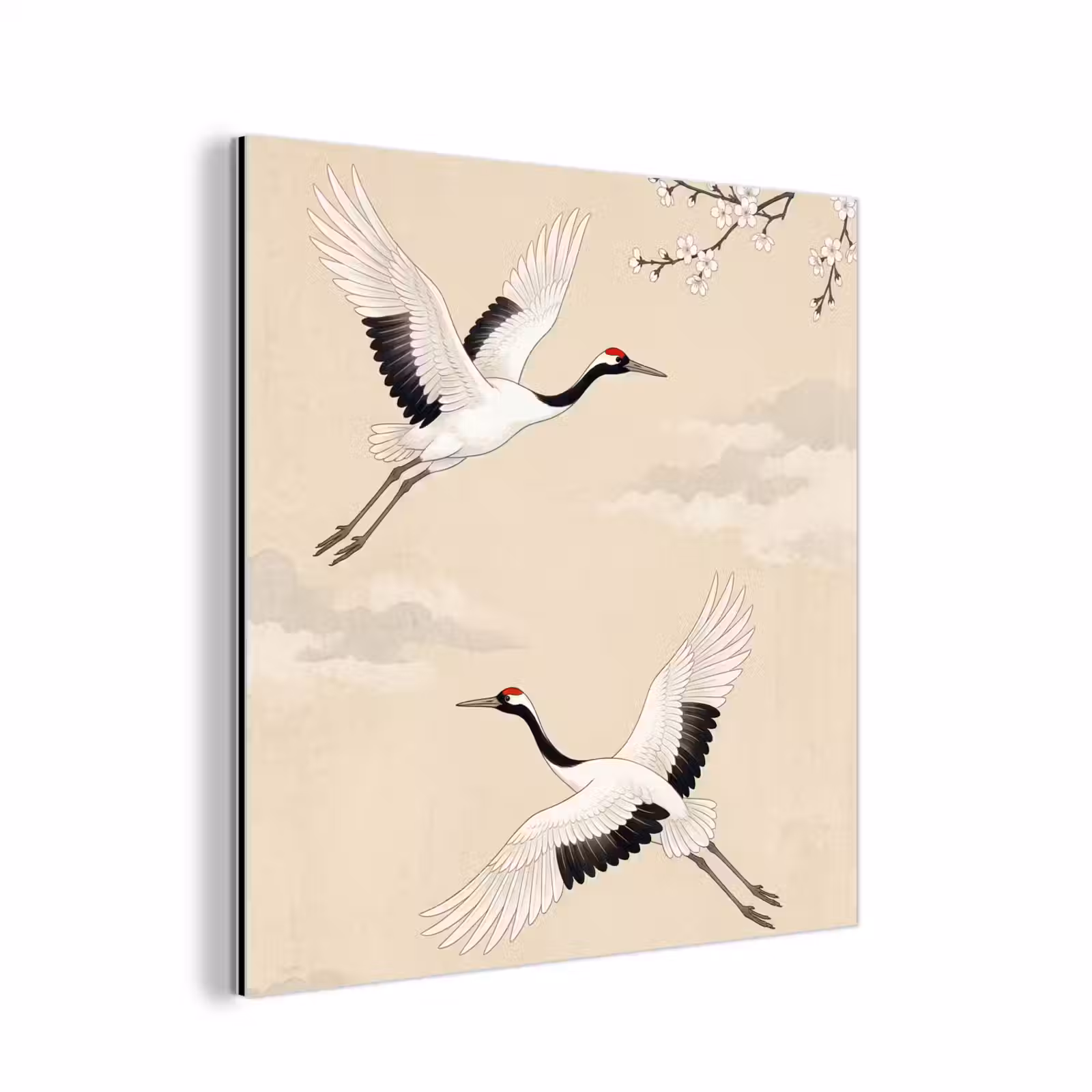 Aluminium schilderij - Kraanvogels - Bloesem - Beige — 1
