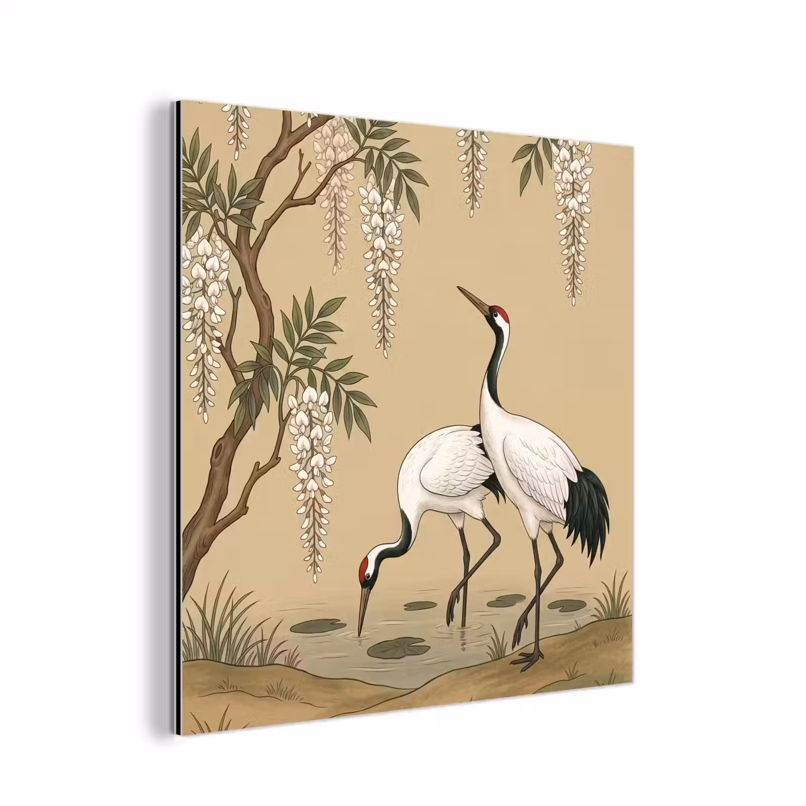 Aluminium schilderij - Kraanvogels - Water - Beige — 1