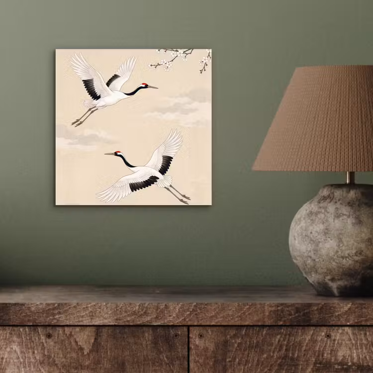 Aluminium schilderij - Kraanvogels - Bloesem - Beige — 3