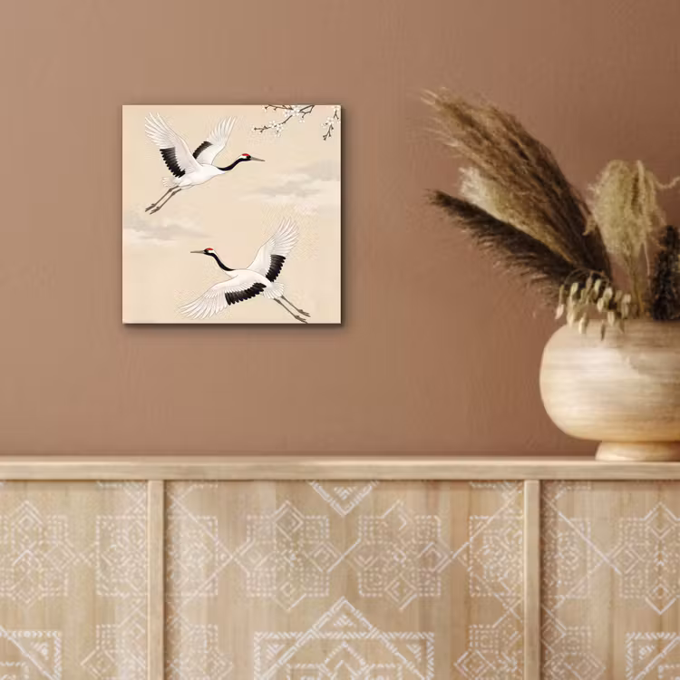 Aluminium schilderij - Kraanvogels - Bloesem - Beige — 5