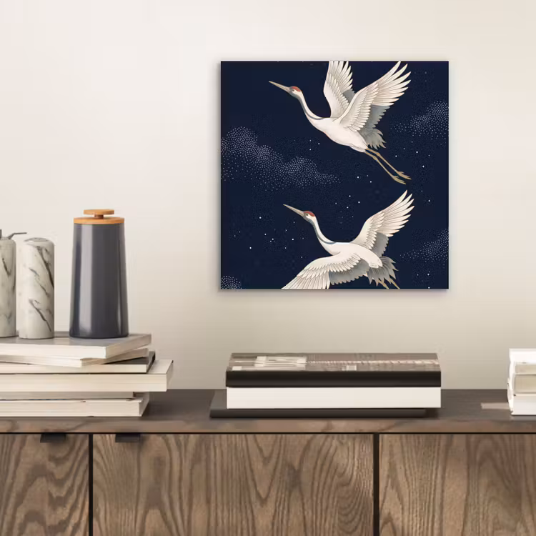 Aluminium schilderij - Kraanvogels - Nachthemel - Blauw — 2