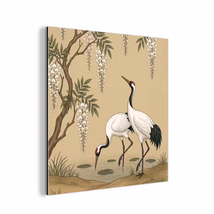 Aluminium schilderij - Kraanvogels - Water - Beige — 1