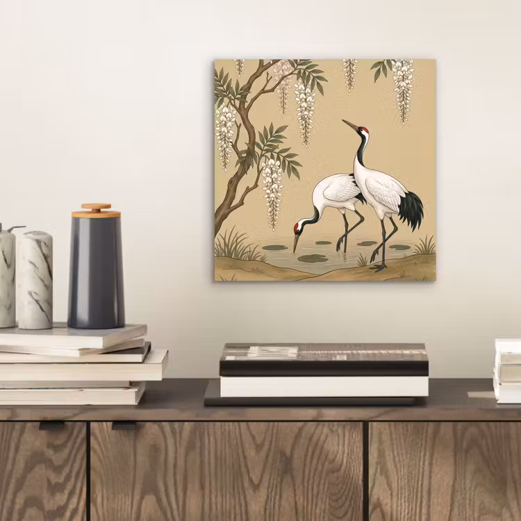 Aluminium schilderij - Kraanvogels - Water - Beige — 2