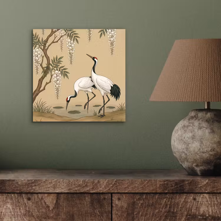 Aluminium schilderij - Kraanvogels - Water - Beige — 3