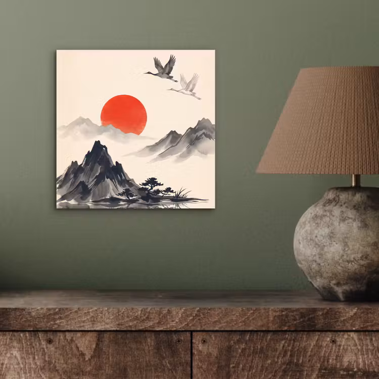 Aluminium schilderij - Oosters - Kraanvogels - Landschap — 3