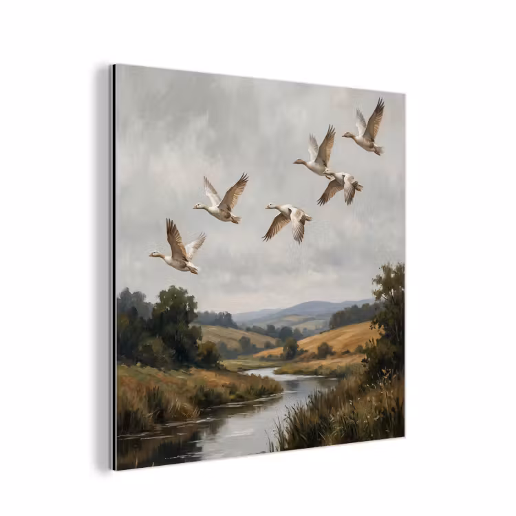 Aluminium schilderij - Eenden - Rivier - Landschap - Vlucht - Nostalgisch — 1