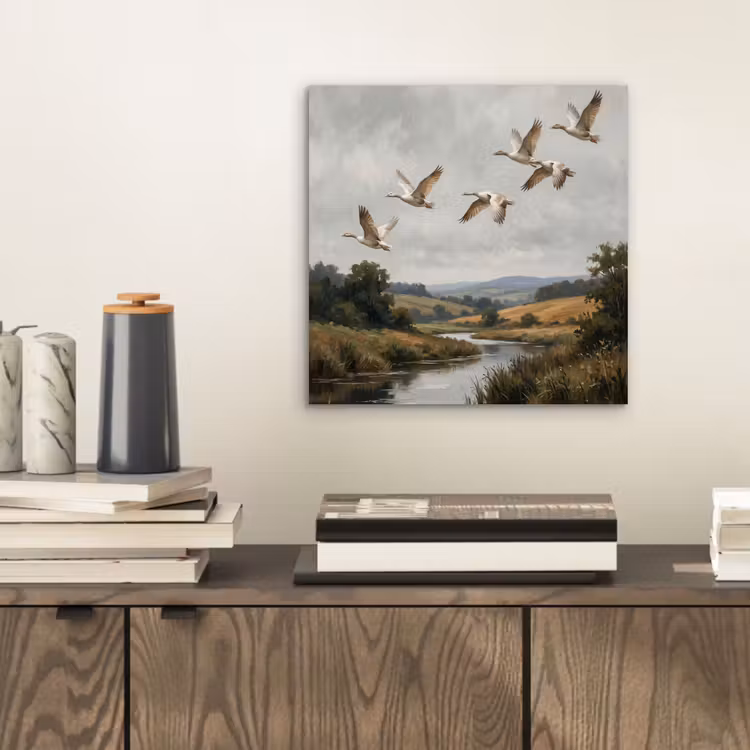 Aluminium schilderij - Eenden - Rivier - Landschap - Vlucht - Nostalgisch — 2