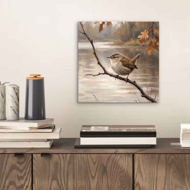 Aluminium schilderij - Winterkoninkje - Tak - Rivier - Natuur - Sfeervol — 2
