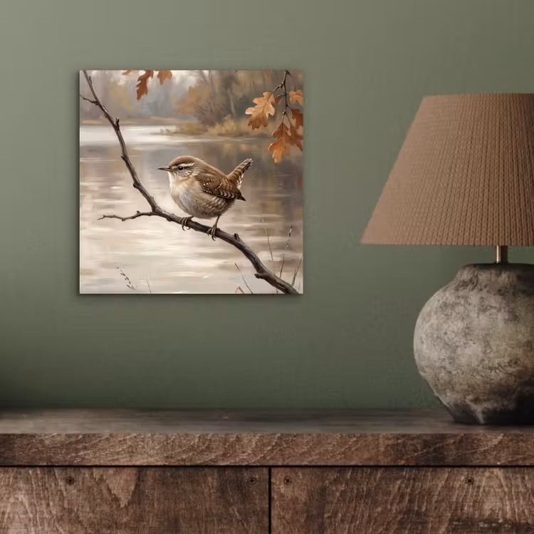 Aluminium schilderij - Winterkoninkje - Tak - Rivier - Natuur - Sfeervol — 3