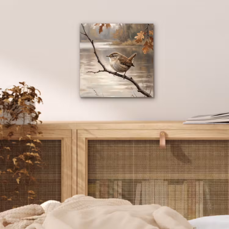 Aluminium schilderij - Winterkoninkje - Tak - Rivier - Natuur - Sfeervol — 4