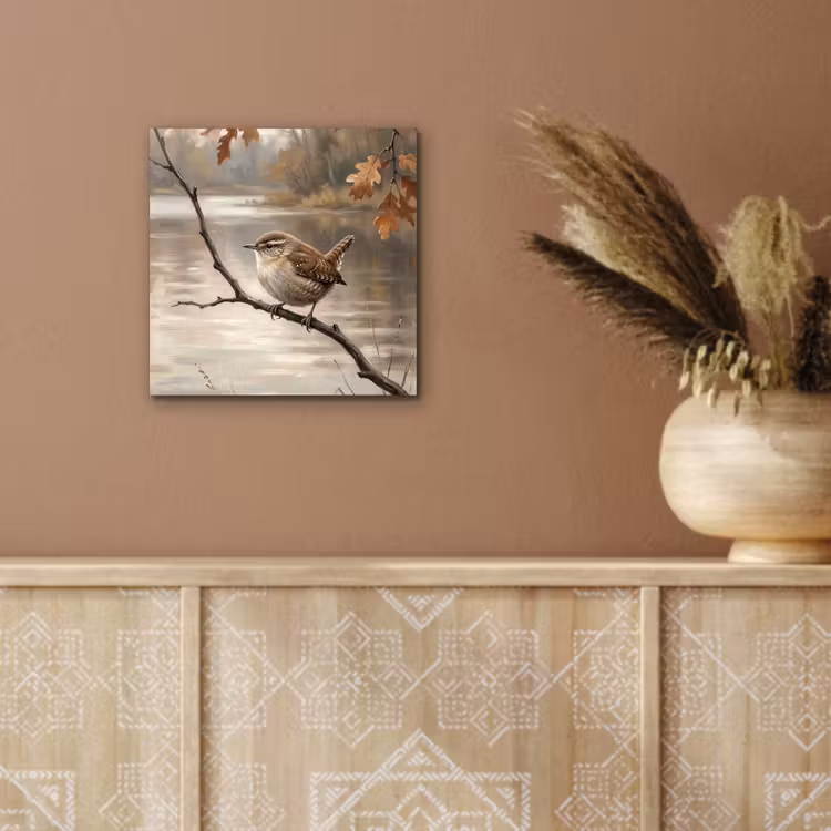 Aluminium schilderij - Winterkoninkje - Tak - Rivier - Natuur - Sfeervol — 5