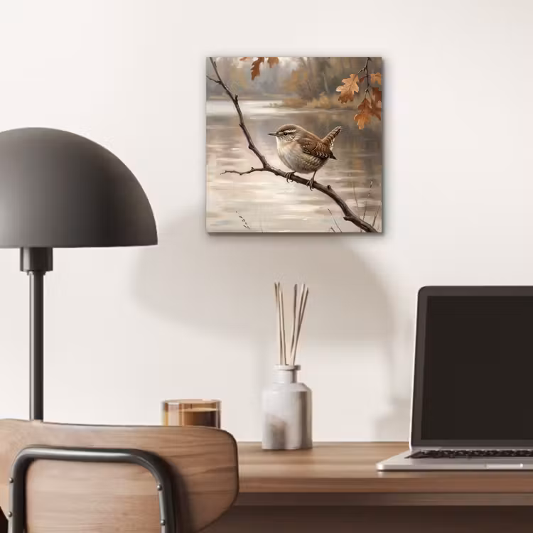 Aluminium schilderij - Winterkoninkje - Tak - Rivier - Natuur - Sfeervol — 6
