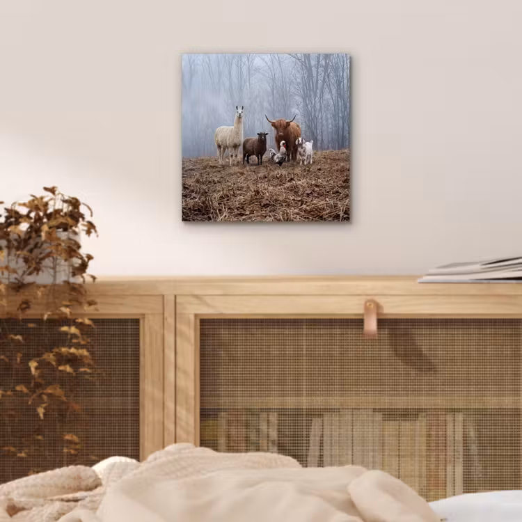 Aluminium schilderij - Boerderijdieren - Groep - Mist - Natuur - Rustiek — 4