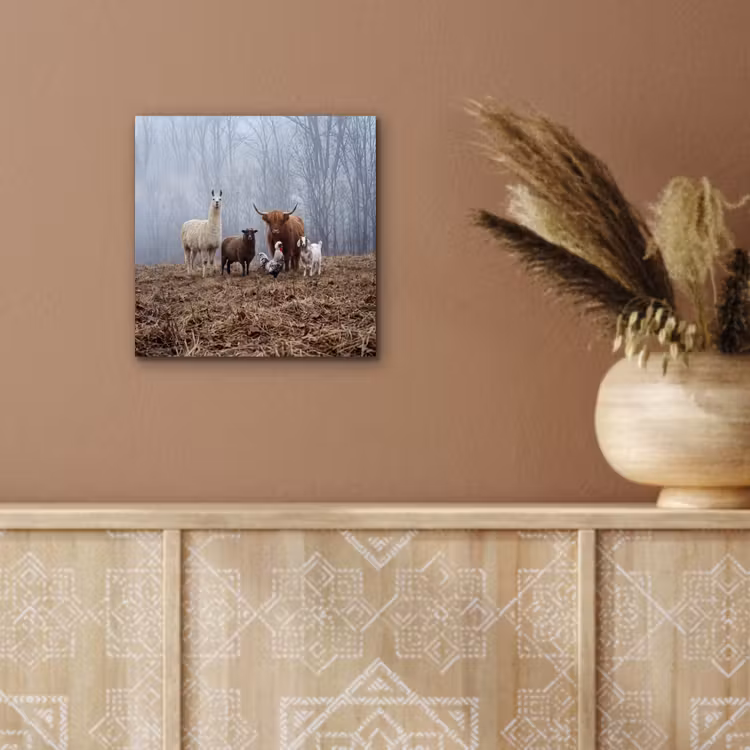 Aluminium schilderij - Boerderijdieren - Groep - Mist - Natuur - Rustiek — 5