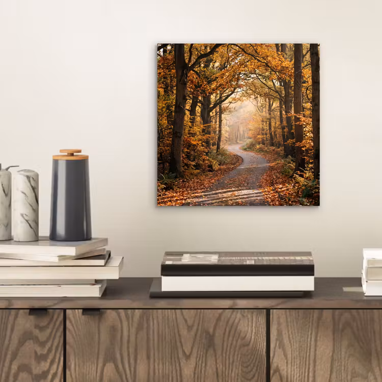 Aluminium schilderij - Bospad - Herfstbos - Bladeren - Oranje - Nostalgisch — 2