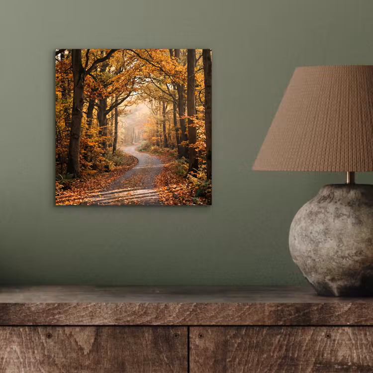 Aluminium schilderij - Bospad - Herfstbos - Bladeren - Oranje - Nostalgisch — 3