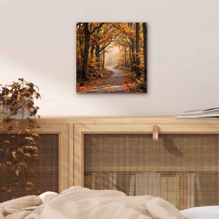 Aluminium schilderij - Bospad - Herfstbos - Bladeren - Oranje - Nostalgisch — 4