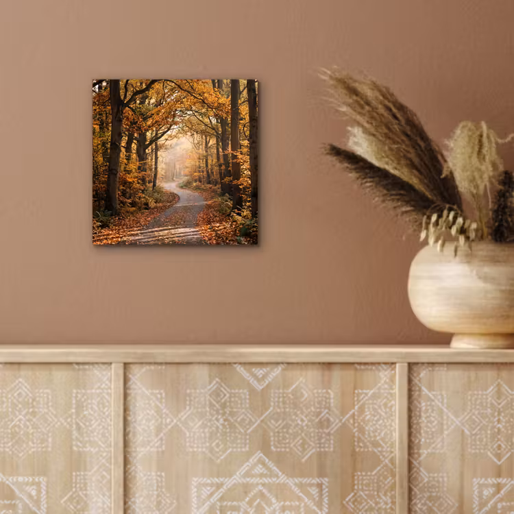 Aluminium schilderij - Bospad - Herfstbos - Bladeren - Oranje - Nostalgisch — 5