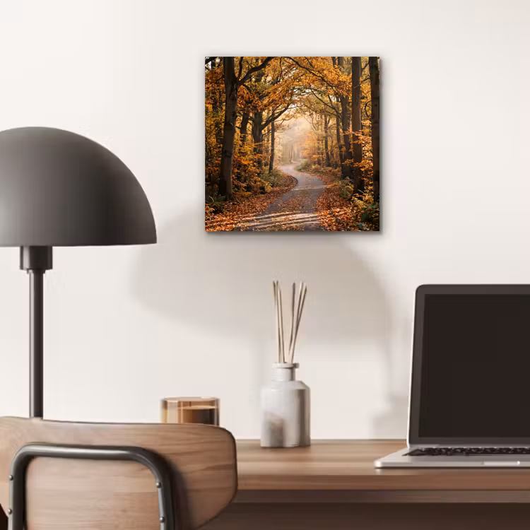 Aluminium schilderij - Bospad - Herfstbos - Bladeren - Oranje - Nostalgisch — 6
