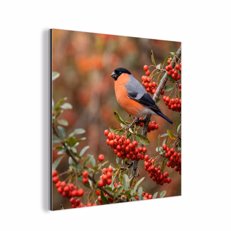 Aluminium schilderij - Goudvink - Bessen - Herfst - Natuur - Kleurrijk — 1