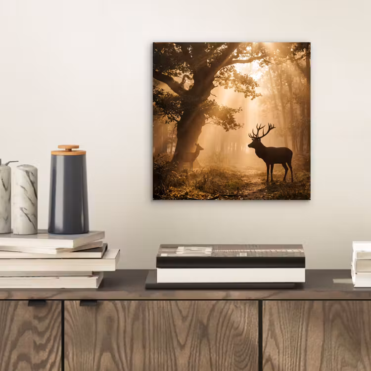 Aluminium schilderij - Hert - Bos - Mistig - Natuur - Goud — 2