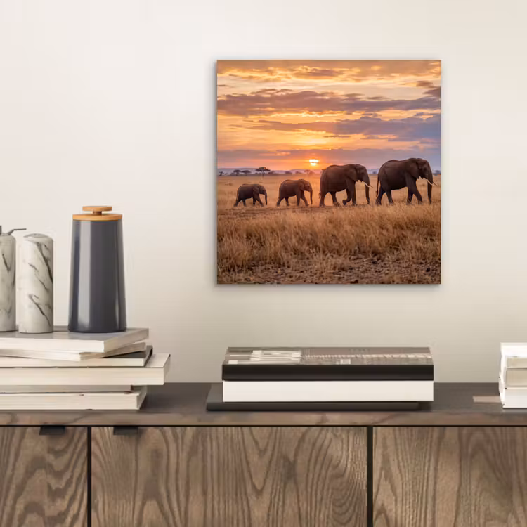 Aluminium schilderij - Olifanten - Savanne - Zonsondergang - Afrika - Warm — 2