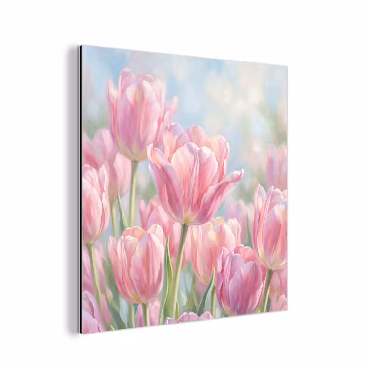 Aluminium schilderij - Tulpen - Veld - Lente - Roze — 1