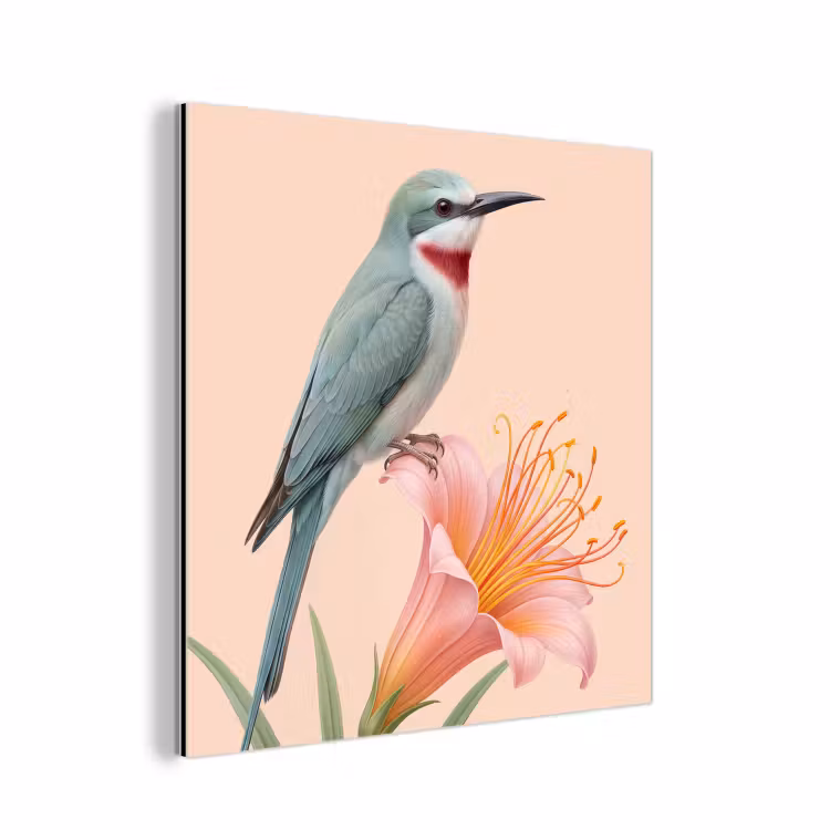 Aluminium schilderij - Vogel - Bloem - Natuur - Roze — 1
