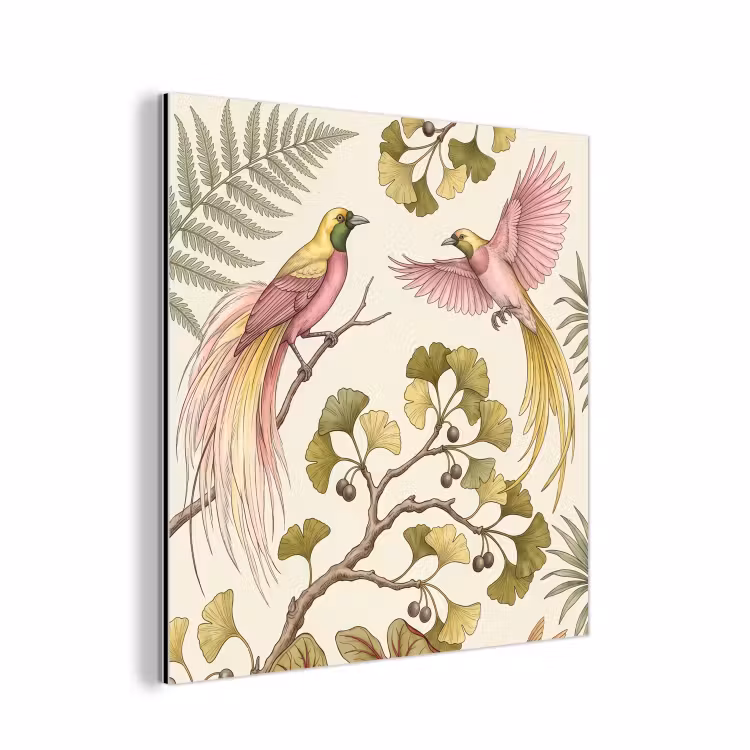 Aluminium schilderij - Vogels - Tropisch - Botanisch - Roze — 1