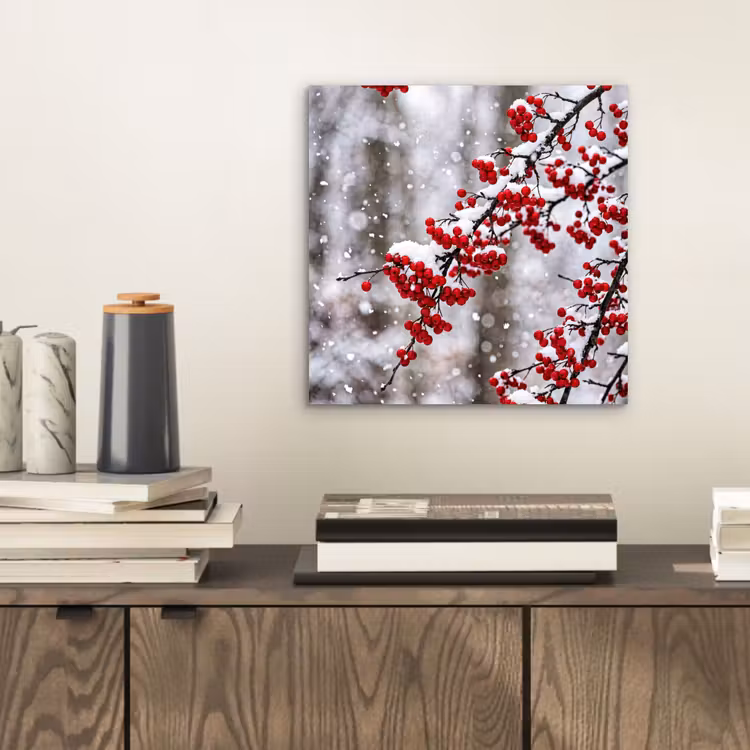 Aluminium schilderij - Bessen - Takken - Sneeuw - Winter - Kleurrijk — 2