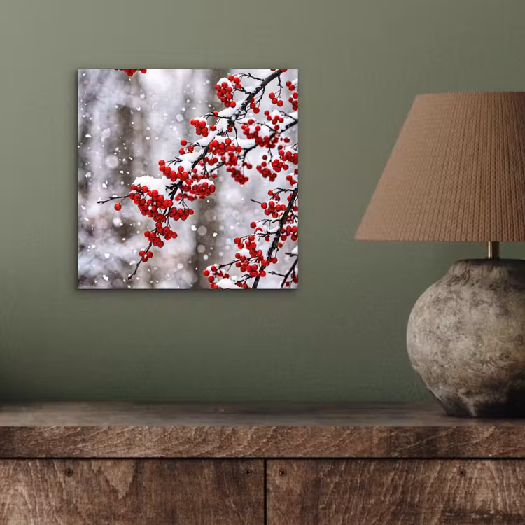 Aluminium schilderij - Bessen - Takken - Sneeuw - Winter - Kleurrijk — 3