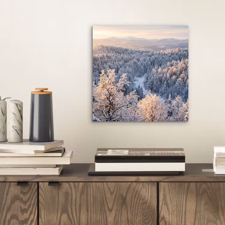 Aluminium schilderij - Bos - Bergen - Goud - Winter - Warm — 2