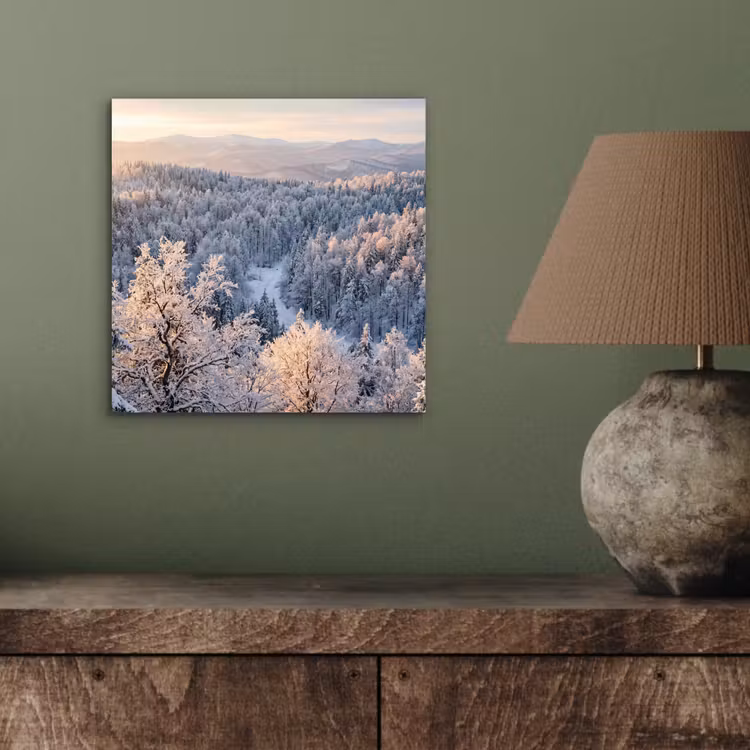 Aluminium schilderij - Bos - Bergen - Goud - Winter - Warm — 3