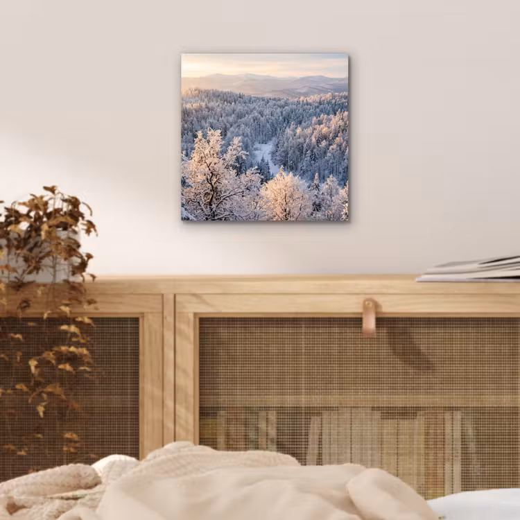Aluminium schilderij - Bos - Bergen - Goud - Winter - Warm — 4