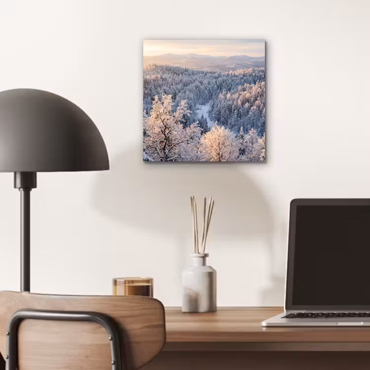 Aluminium schilderij - Bos - Bergen - Goud - Winter - Warm — 6