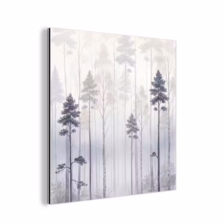Aluminium schilderij - Bos - Bomen - Mist - Natuur - Illustratie - Grijs — 1