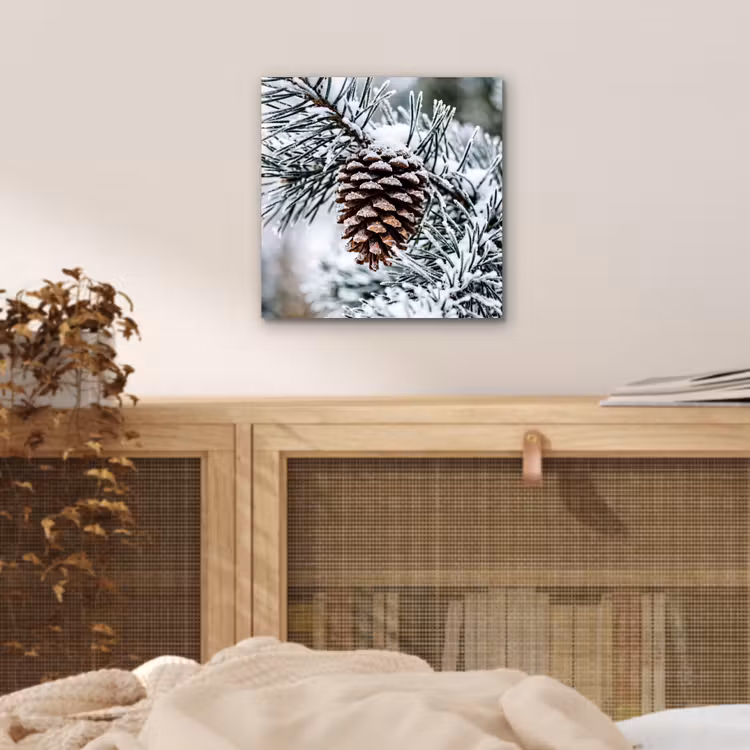 Aluminium schilderij - Dennenappel - Tak - Sneeuw - Winter - Sfeervol — 4