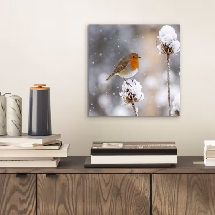 Aluminium schilderij - Roodborstje - Gedroogde bloem - Sneeuw - Winter - Vertederend — 2