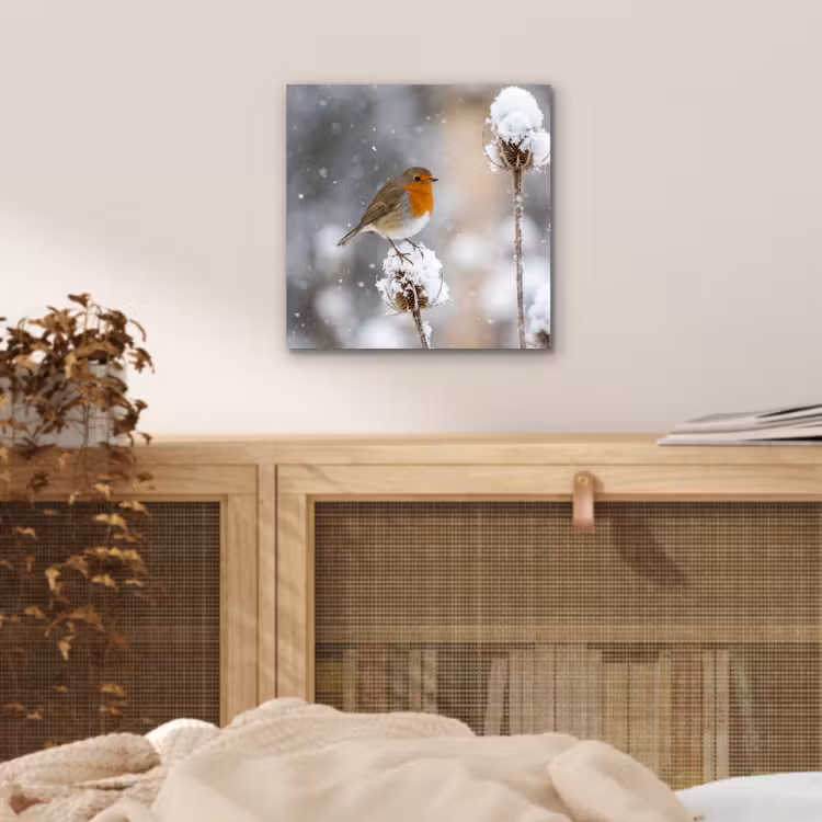 Aluminium schilderij - Roodborstje - Gedroogde bloem - Sneeuw - Winter - Vertederend — 4