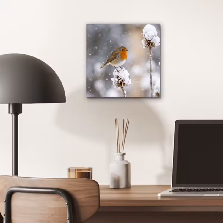 Aluminium schilderij - Roodborstje - Gedroogde bloem - Sneeuw - Winter - Vertederend — 6